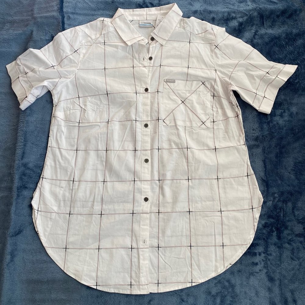 Columbia NWOT Women's 100%Cotton Short Sleeve Plaid Shirts, Curved Hem, White, L